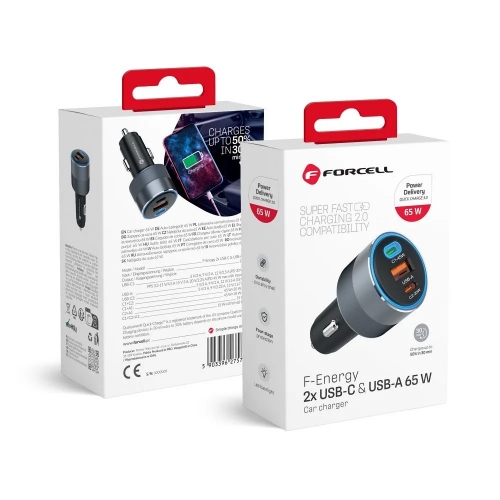 Зарядно за кола 12V Forcell F-Energy, 65W, PD, QC4.0, 2xUSB C, USB-A, Alu Car Charger 