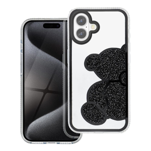 Удароустойчив калъф Teddy Bear за iPhone 16, Черен