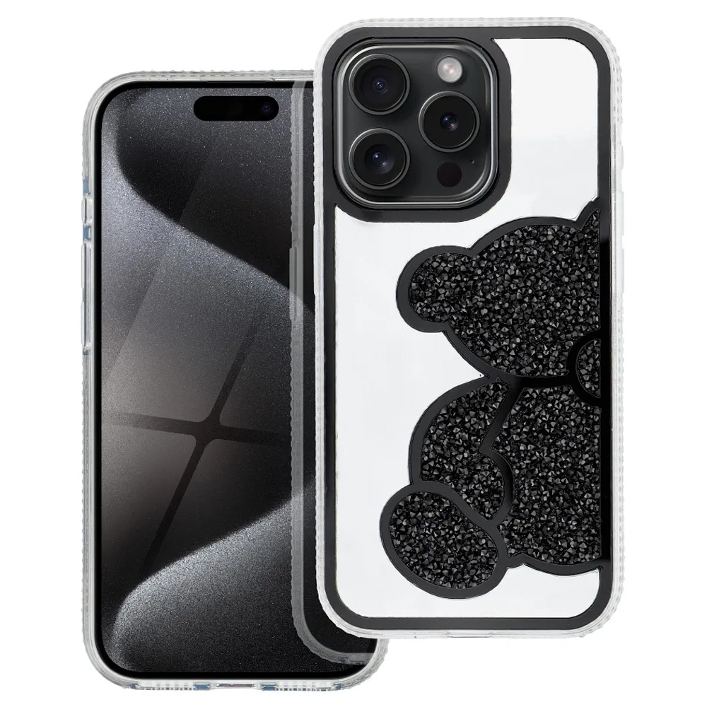 Удароустойчив калъф Teddy Bear за iPhone 16 Pro, Черен