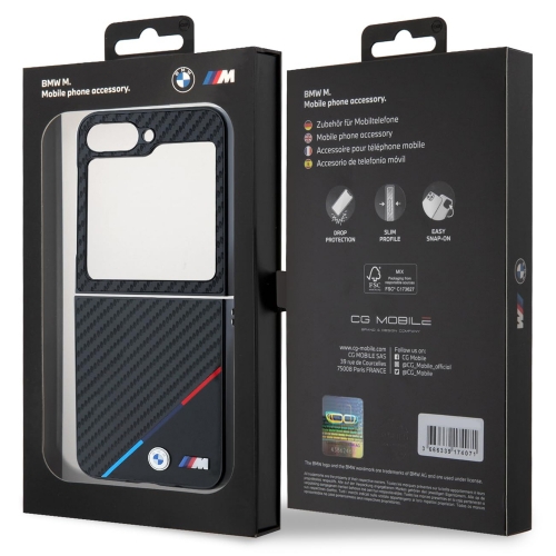 Калъф BMW за Samsung Galaxy Z Flip 6, M PU Carbon Tricolor Stripe, BMHCZF623PUDTK