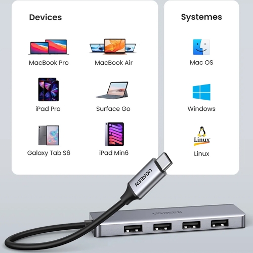 USB Хъб UGREEN CM219 4xUSB-A 3.0 1xUSB-C Input USB-C, Сребрист