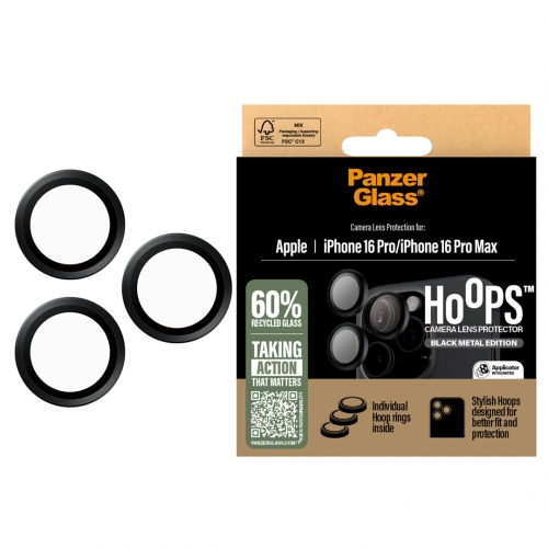 Стъклен Протектор за камера PanzerGlass Hoops Lens Protector за iPhone 16 Pro / 16 Pro Max, Черен