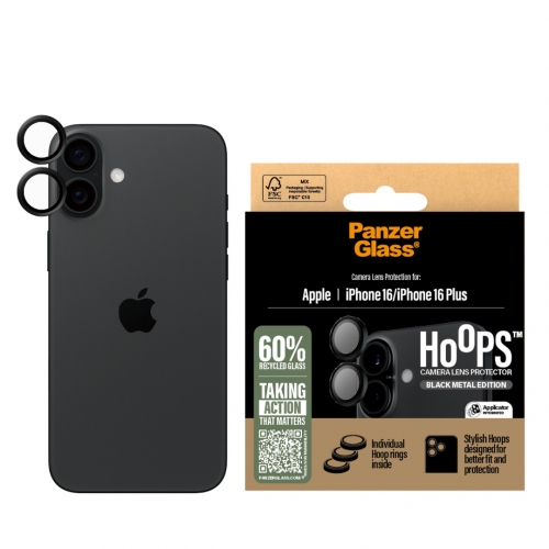 Стъклен Протектор за камера PanzerGlass Hoops Lens Protector за iPhone 16 / 16 Plus, Черен