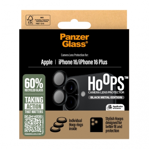 Стъклен Протектор за камера PanzerGlass Hoops Lens Protector за iPhone 16 / 16 Plus, Черен