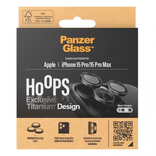 Стъклен Протектор за камера PanzerGlass Hoops Lens Protector за iPhone 15 Pro / 15 Pro Max, Черен