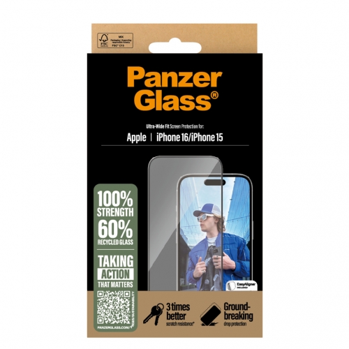 Стъклен Протектор PanzerGlass за iPhone 15 / iPhone 16, Ultra-Wide Fit