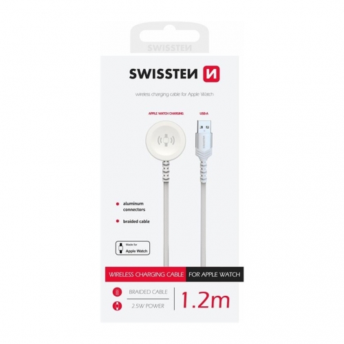Безжично магнитно зарядно SWISSTEN за Apple Watch, Metal, USB-A, 1.2m, Бял