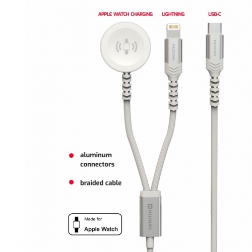 Безжично магнитно зарядно SWISSTEN 2в1 за Apple Watch And Lightning, USB-C, 1.2m, Бял