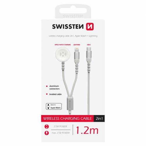 Безжично магнитно зарядно SWISSTEN 2в1 за Apple Watch And Lightning, USB-C, 1.2m, Бял