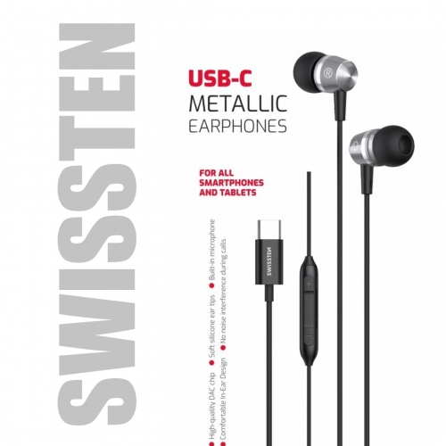 Слушалки с микрофон SWISSTEN Metallic USB-C, Черен