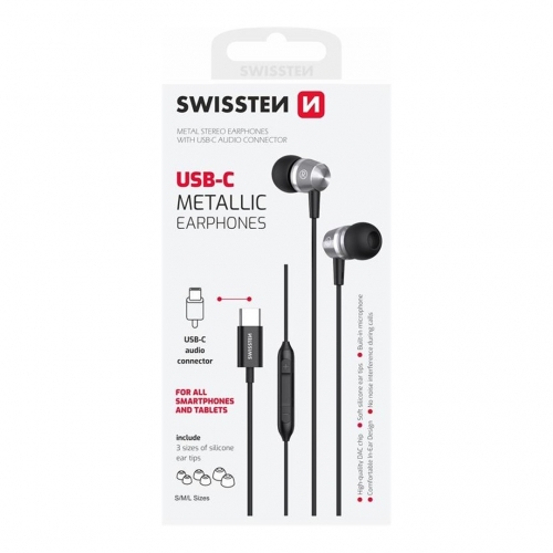 Слушалки с микрофон SWISSTEN Metallic USB-C, Черен