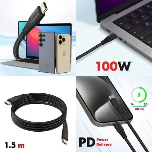 Кабел SWISSTEN USB-C към USB-C, Power Delivery, 5A, 100W,1.5m, Черен