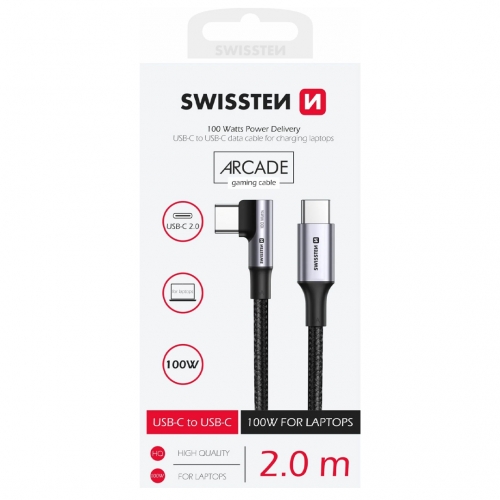 Кабел SWISSTEN USB-C към USB-C, Laptop, Gaming, 5A, 100W, 2m, Черен