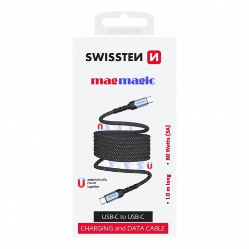 Магнитен кабел SWISSTEN Magnetic USB-C към USB-C, 1m, Черен