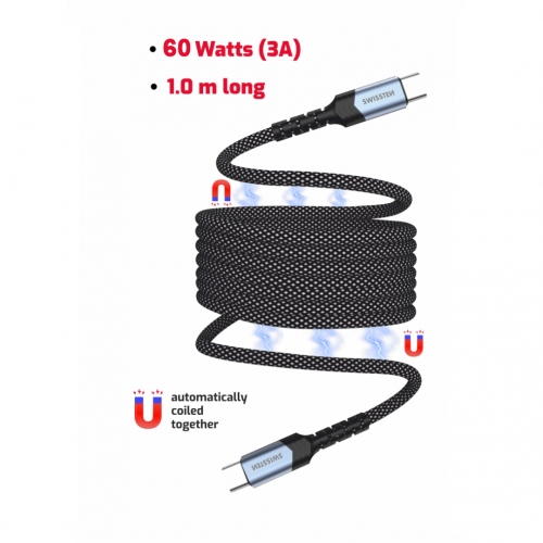 Магнитен кабел SWISSTEN Magnetic USB-C към USB-C, 1m, Черен