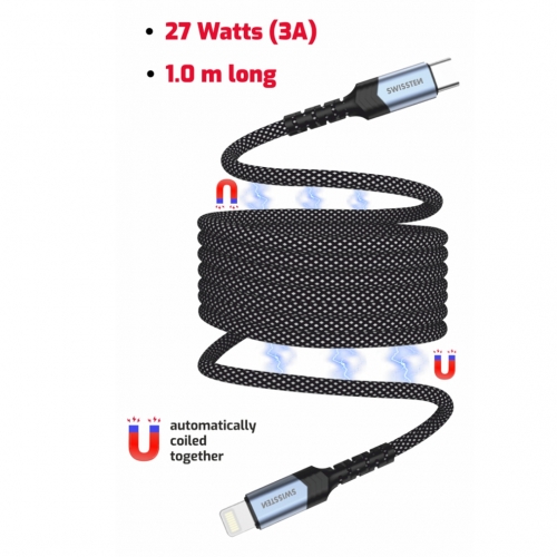 Магнитен кабел SWISSTEN Magnetic USB-C към Lightning, 1m, Черен