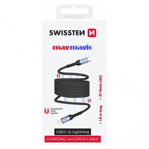 Магнитен кабел SWISSTEN Magnetic USB-C към Lightning, 1m, Черен