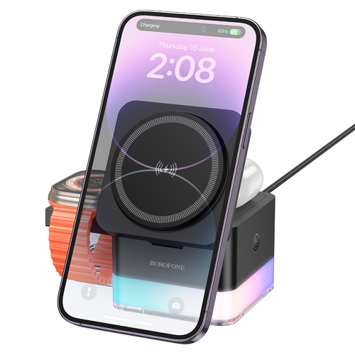 Безжично зарядно Borofone Wireless BQ34 Square 3 in 1, 15W, Черен