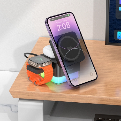 Безжично зарядно Borofone Wireless BQ34 Square 3 in 1, 15W, Черен