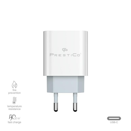 Мрежово Зарядно 220V Prestico F8A, USB-C, 20W, PD, Бял