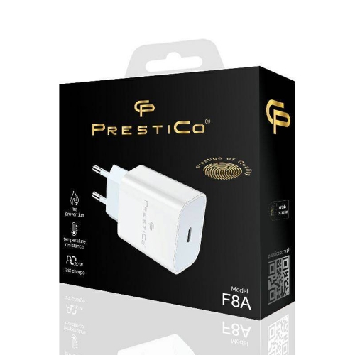 Мрежово Зарядно 220V Prestico F8A, USB-C, 20W, PD, Бял