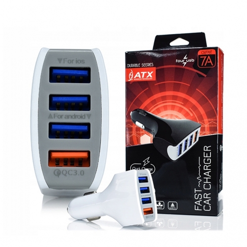 Зарядно за кола ATX, 4xUSB, QC3.0, 7A, Бял