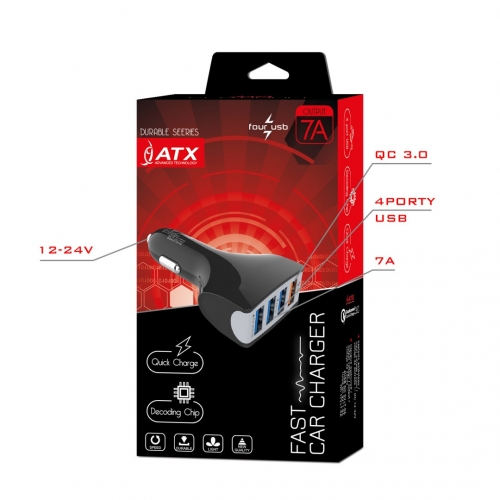Зарядно за кола ATX, 4xUSB, QC3.0, 7A, Бял