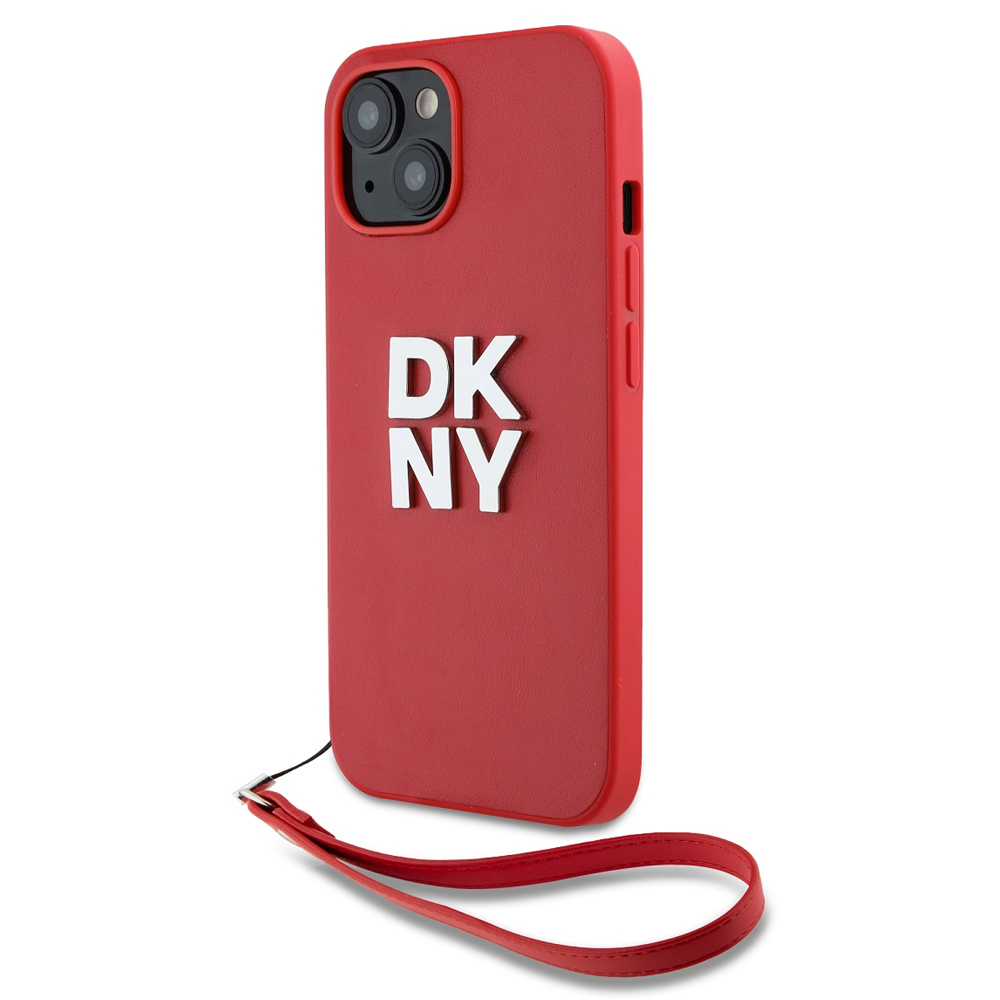 Калъф DKNY PU Leather Stack Logo Wrist Strap за iPhone 15, DKHCP15SPBSWSP, Червен