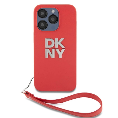 Калъф DKNY PU Leather Stack Logo Wrist Strap за iPhone15 Pro, DKHCP15LPBSWSP, Червен