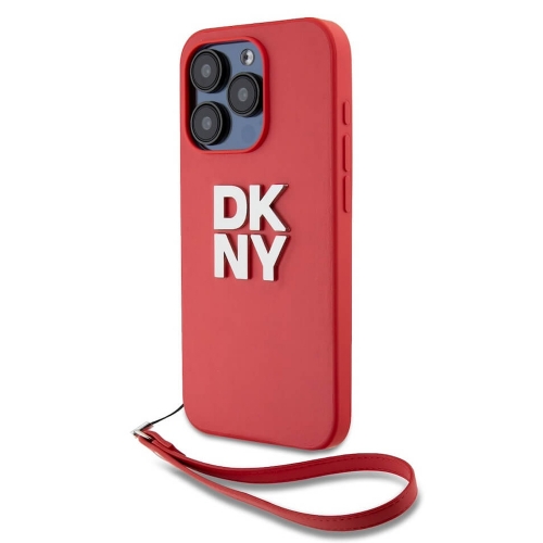 Калъф DKNY PU Leather Stack Logo Wrist Strap за iPhone15 Pro, DKHCP15LPBSWSP, Червен