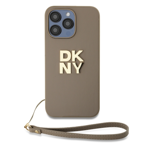 Калъф DKNY PU Leather Stack Logo Wrist Strap за iPhone15 Pro, DKHCP15LPBSWSE, Бежов