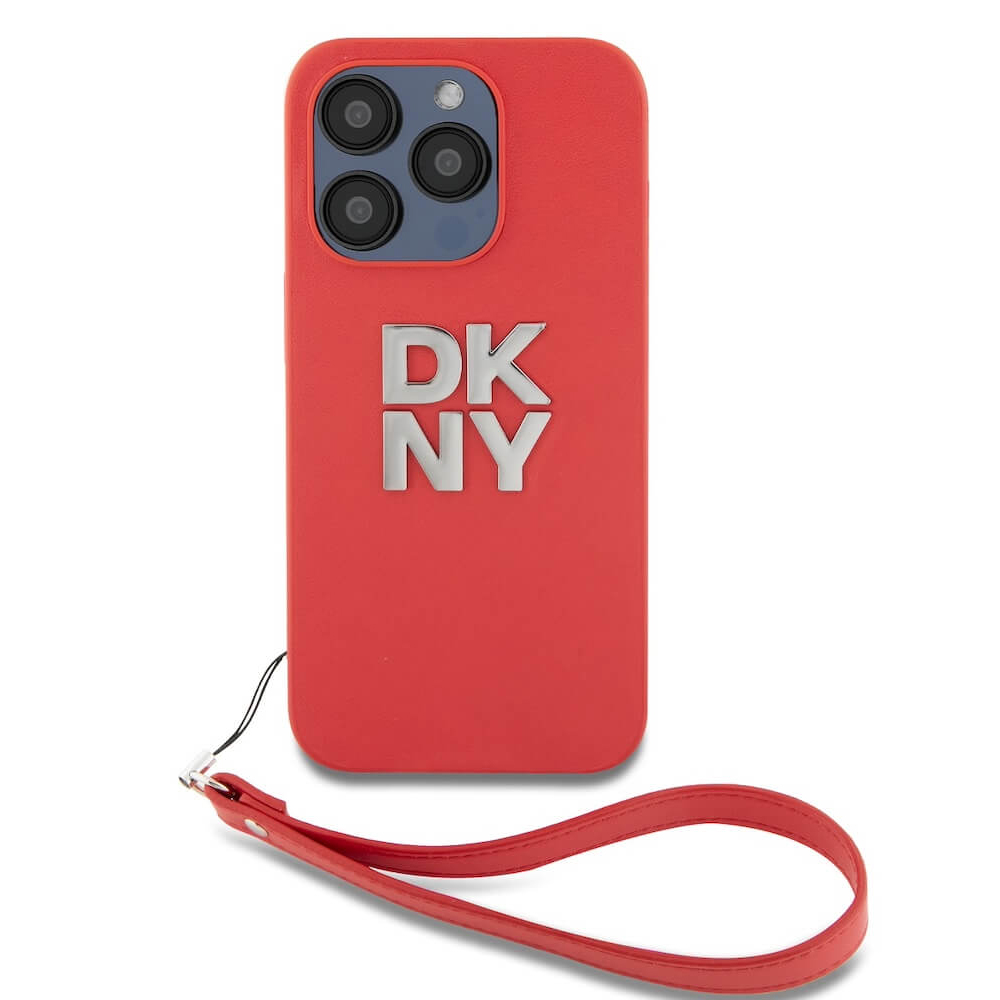 Калъф DKNY PU Leather Stack Logo Wrist Strap за iPhone15 Pro Max, DKHCP15XPBSWSP, Червен