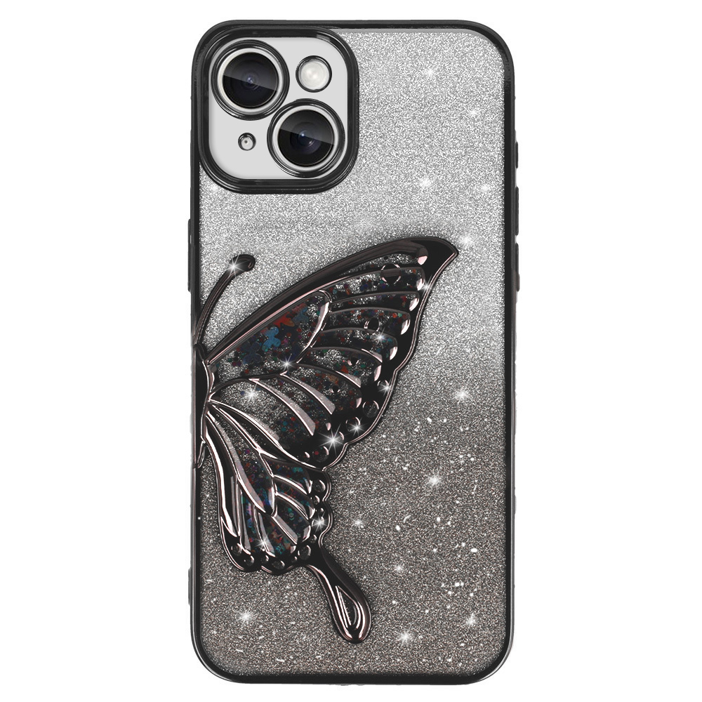 Силиконов калъф Butterfly Water за iPhone 15, Черен