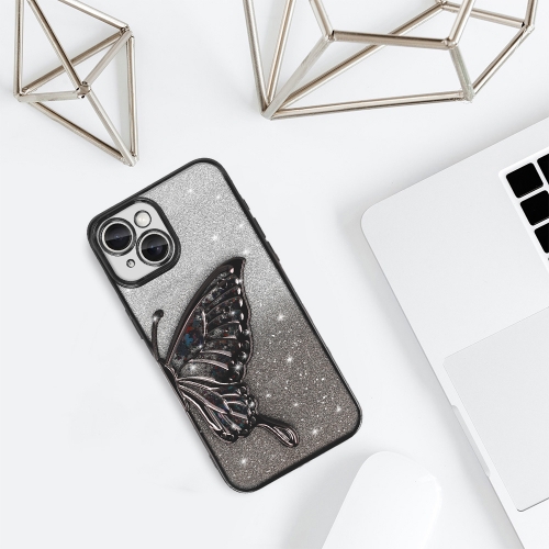 Силиконов калъф Butterfly Water за iPhone 15, Черен