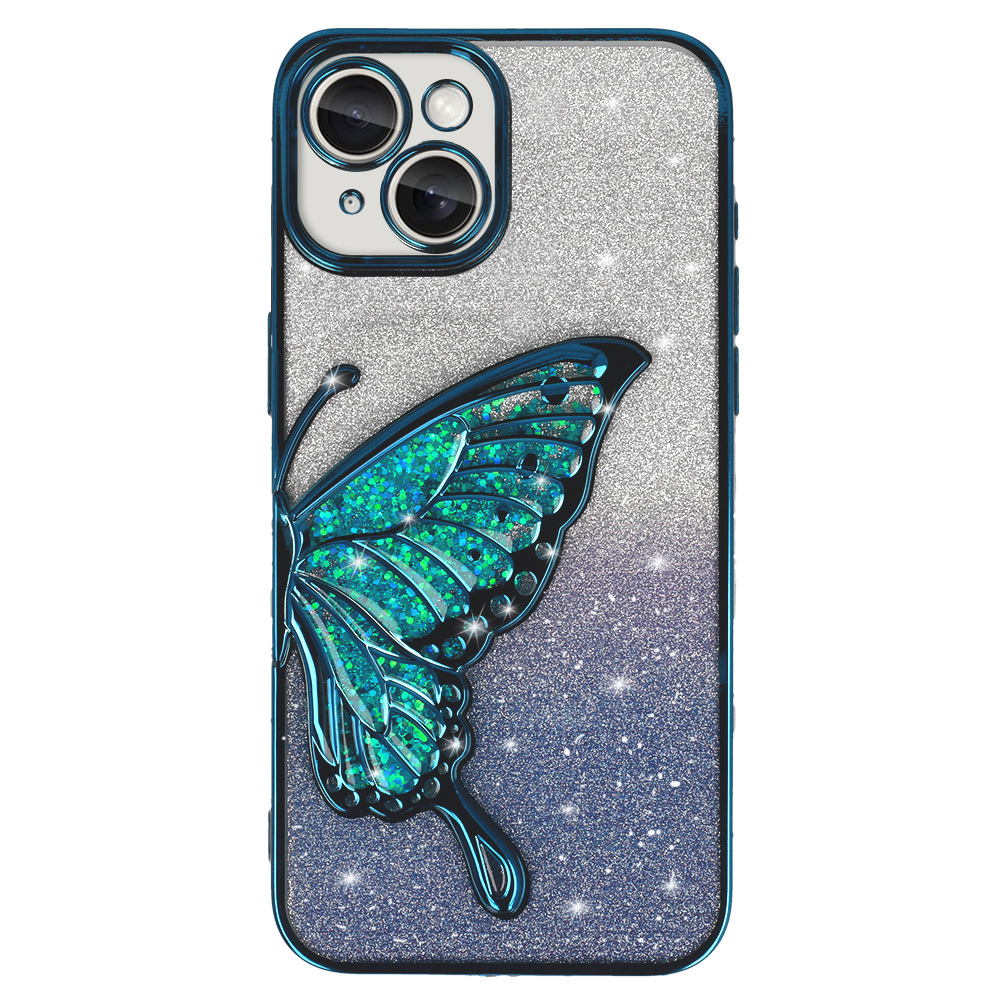 Силиконов калъф Butterfly Water за iPhone 15, Син