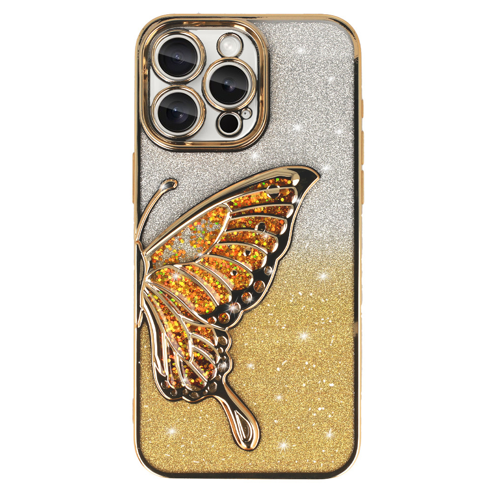 Силиконов калъф Butterfly Water за iPhone 15 Pro, Златист