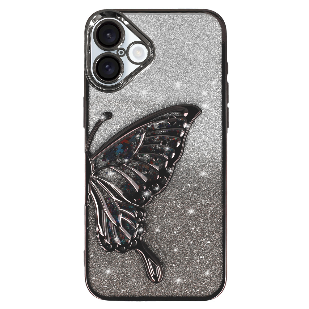Силиконов калъф Butterfly Water за iPhone 16, Черен