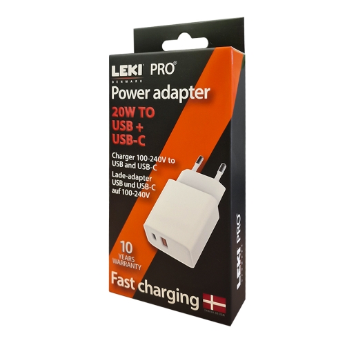 Зарядно 220V Leki bycph Pro, 20W 1xUSB, 1xUSB-C, Бял