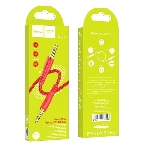 Аудио кабел AUX HOCO UPA24, 3.5mm към 3.5mm, 1 м, Червен
