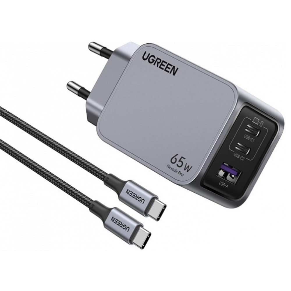 Зарядно устройство UGREEN X755 Nexode Pro 220V 2xUSB-C,1xUSB A, GaN, 65W, с кабел USB-C