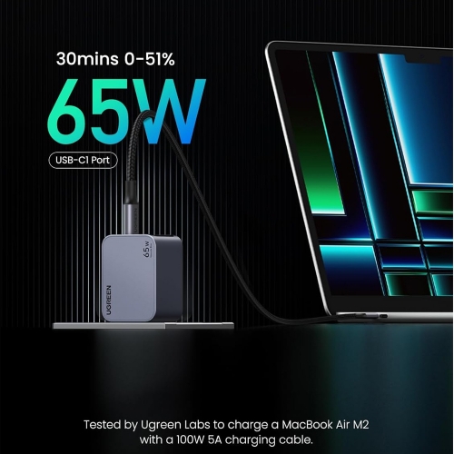 Зарядно устройство UGREEN X755 Nexode Pro 220V 2xUSB-C,1xUSB A, GaN, 65W, с кабел USB-C