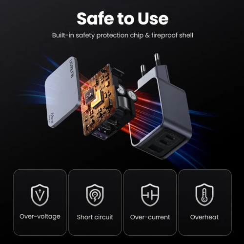 Зарядно устройство UGREEN X755 Nexode Pro 220V 2xUSB-C,1xUSB A, GaN, 65W, с кабел USB-C