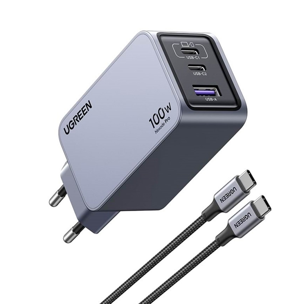 Зарядно устройство UGREEN X757 Nexode Pro, 220V, 2xUSB-C,1xUSB A, GaN, 100W, с кабел USB-C