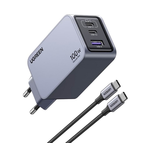Зарядно устройство UGREEN X757 Nexode Pro, 220V, 2xUSB-C,1xUSB A, GaN, 100W, с кабел USB-C