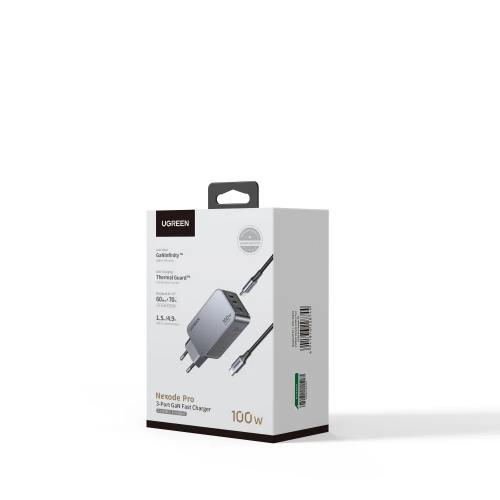 Зарядно устройство UGREEN X757 Nexode Pro, 220V, 2xUSB-C,1xUSB A, GaN, 100W, с кабел USB-C