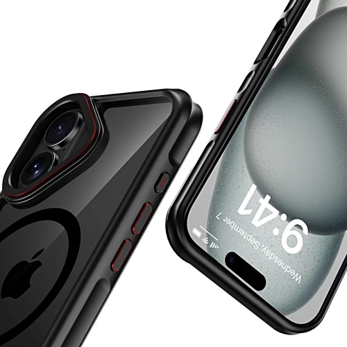 Удароустойчив калъф Tech-Protect MagHybrid MagSafe за iPhone 16, Черен-червен