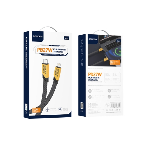 USB кабел SENDEM M81, USB-C към Lightning, 27W, PD, 1м, Жълт