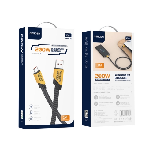 Кабел SENDEM M83T USB-A към USB-C, 200W, 1m, Жълт