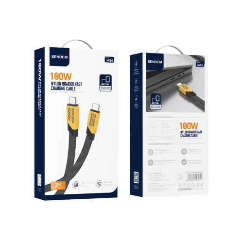 Кабел SENDEM M86, USB-C към USB-C, 100W, 1m, Жълт