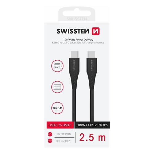 Кабел SWISSTEN USB-C - USB-C, Power Delivery, 5A, 100W, 2.5m, Черен